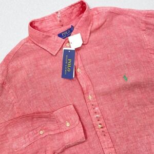 NEW Polo Ralph Lauren Men's Button Up Shirt Size XL Pink 100% Linen Long Sleeve